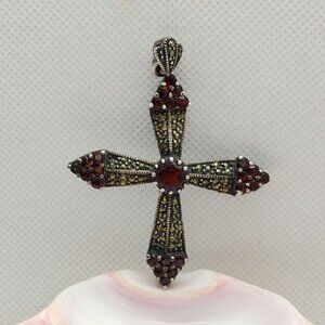 Large Vtg 925 Sterling Silver Garnet Marcasite Cross Pendant 2 1/2" Long